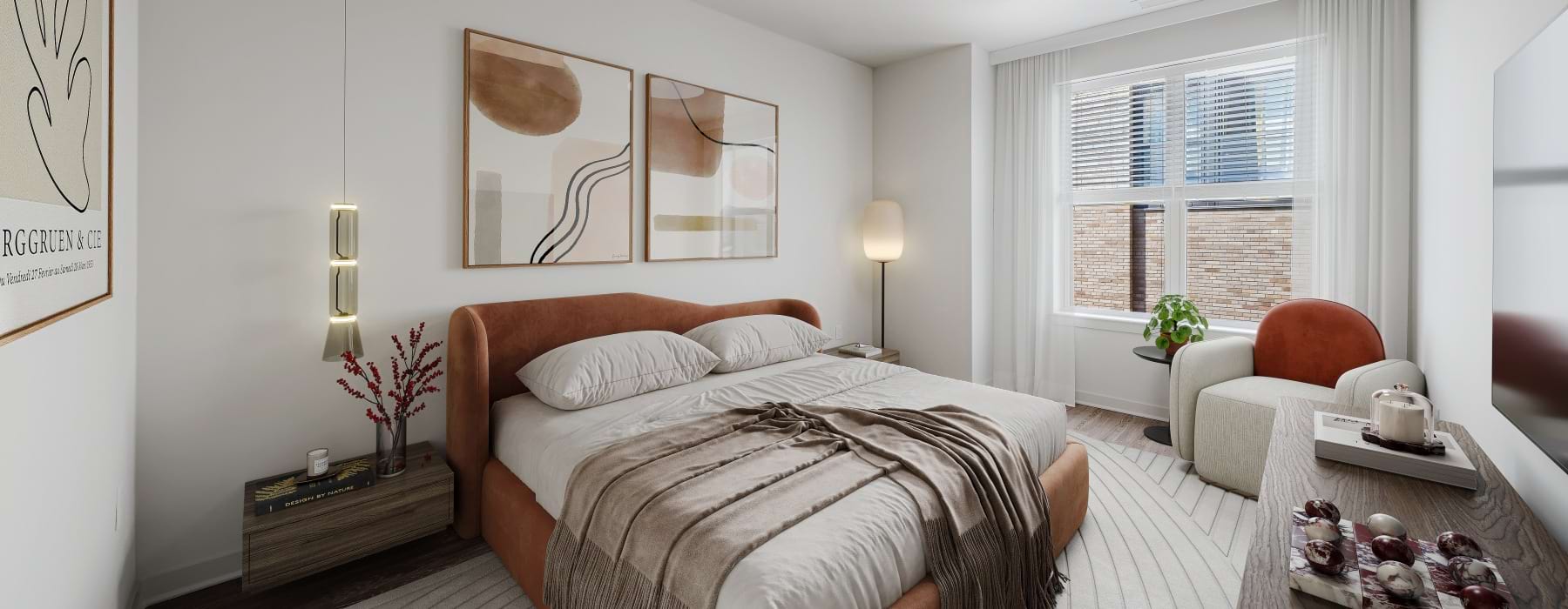 Bedroom with bed, night stands, and airy windows