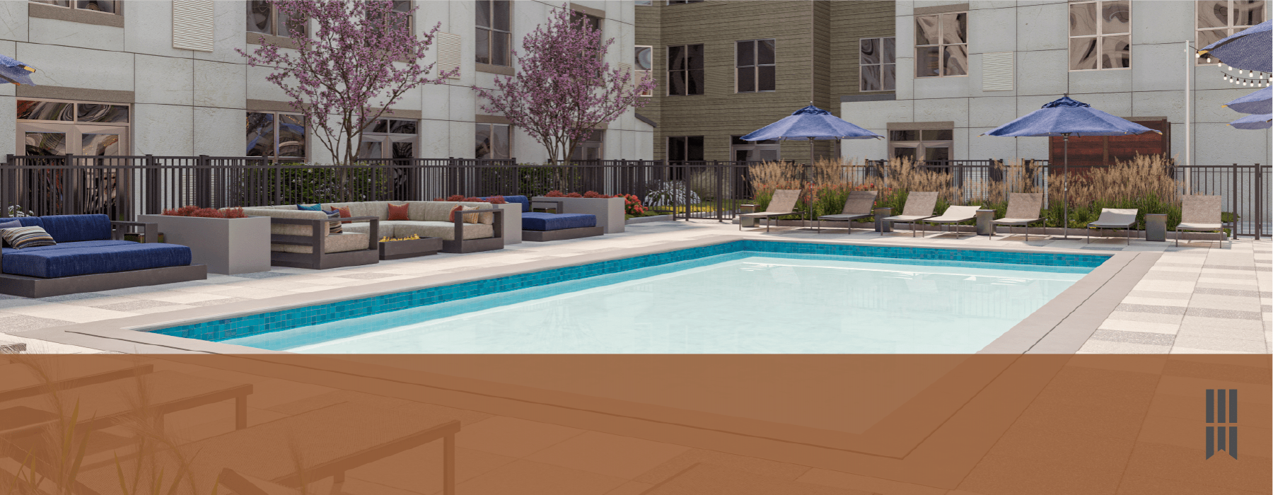 spacious swimming pool with ample reclining seats, closeness to property & lush landscaping