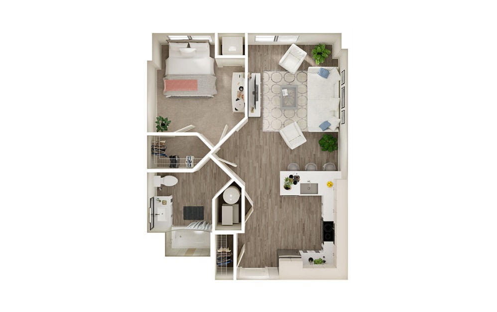 AJ - 1 bedroom floorplan layout with 1 bath and 685 square feet. AJ - 1 bedroom floorplan layout with 1 bath and 685 square feet.
