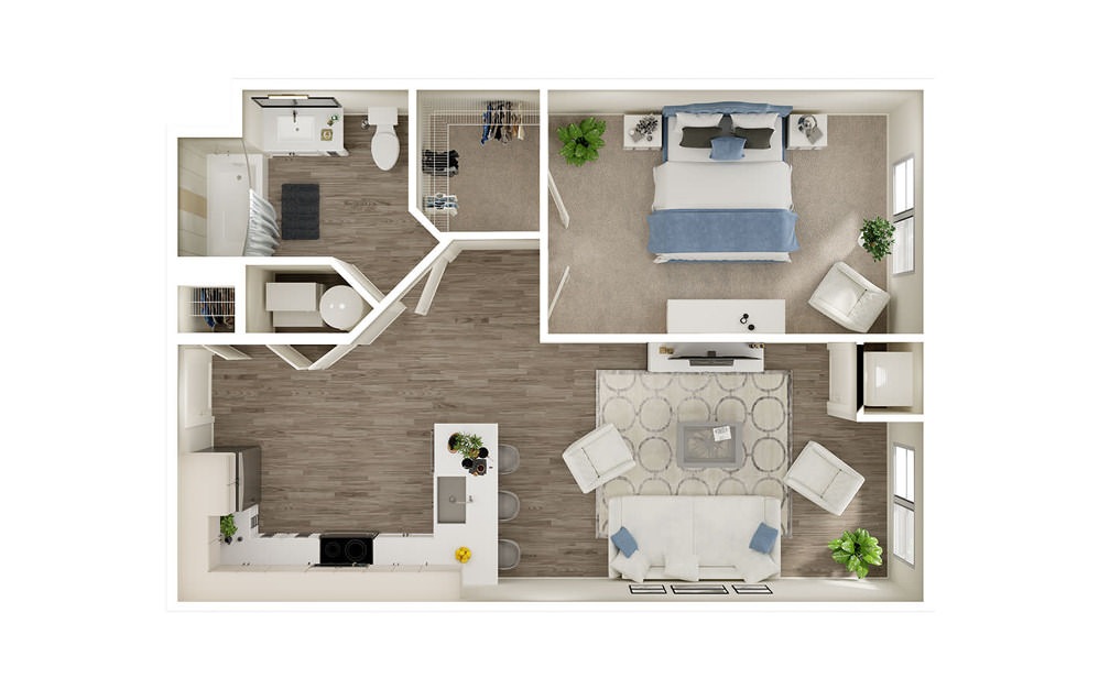 AK - 1 bedroom floorplan layout with 1 bath and 739 square feet. AK - 1 bedroom floorplan layout with 1 bath and 739 square feet.