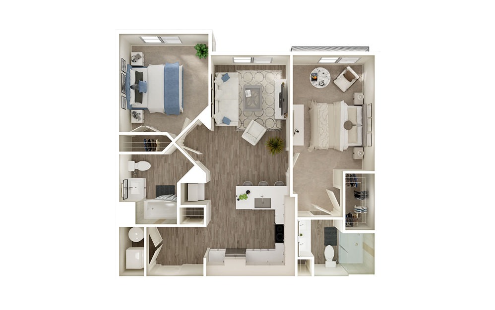 BJ1 - 2 bedroom floorplan layout with 2 baths and 964 to 968 square feet. BJ1 - 2 bedroom floorplan layout with 2 baths and 964 to 968 square feet.