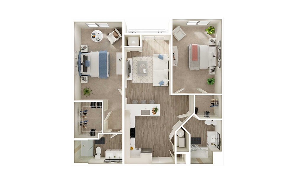 BJ2 - 2 bedroom floorplan layout with 2 baths and 1111 square feet. BJ2 - 2 bedroom floorplan layout with 2 baths and 1111 square feet.