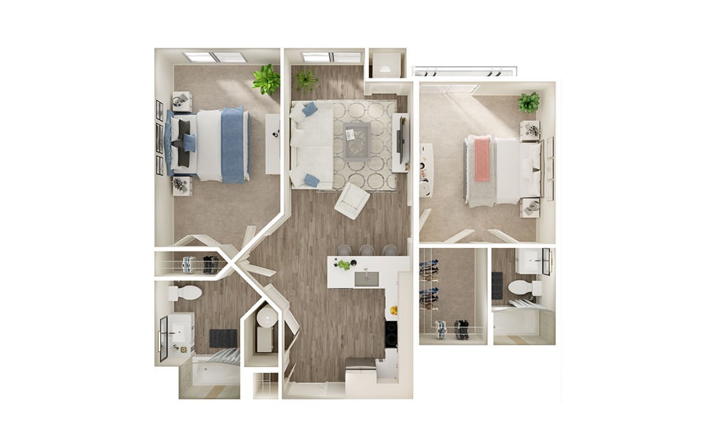 BJ4 - 2 bedroom floorplan layout with 2 baths and 939 square feet. BJ4 - 2 bedroom floorplan layout with 2 baths and 939 square feet.
