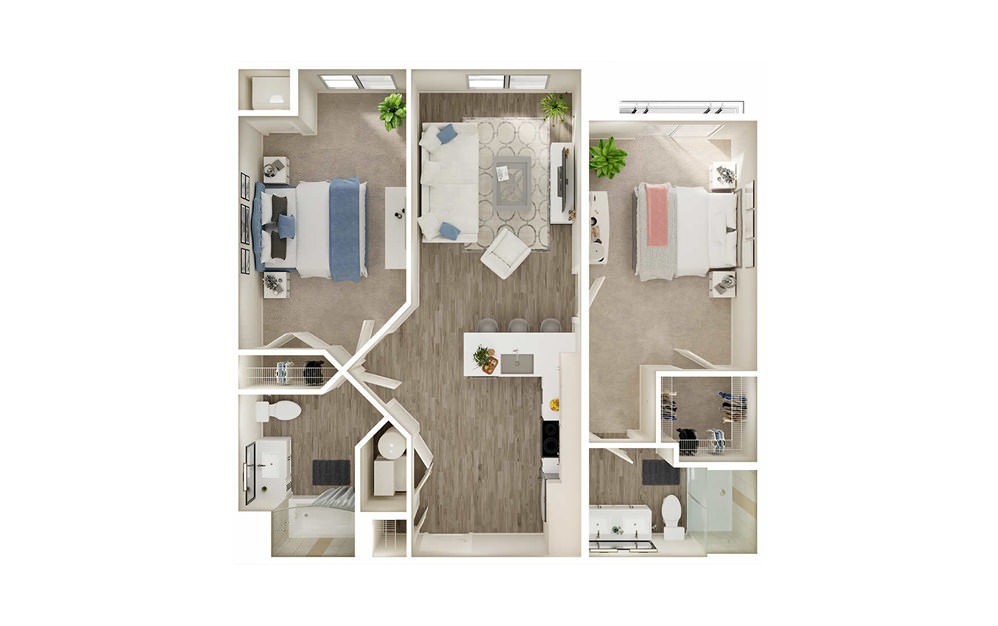 BJ5 - 2 bedroom floorplan layout with 2 baths and 969 to 975 square feet. BJ5 - 2 bedroom floorplan layout with 2 baths and 969 to 975 square feet.