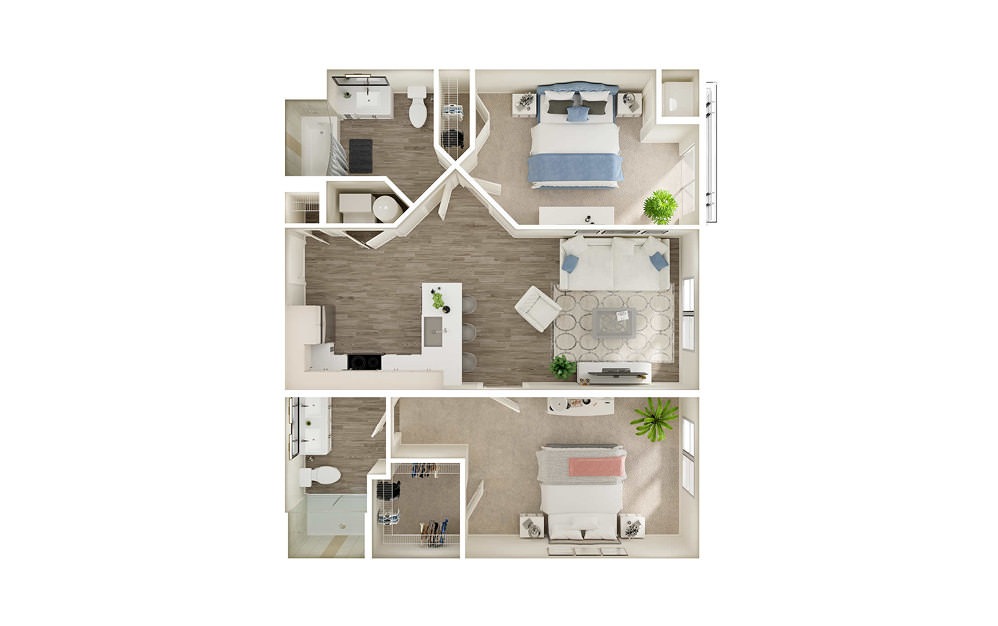 BK3 - 2 bedroom floorplan layout with 2 baths and 957 square feet. BK3 - 2 bedroom floorplan layout with 2 baths and 957 square feet.