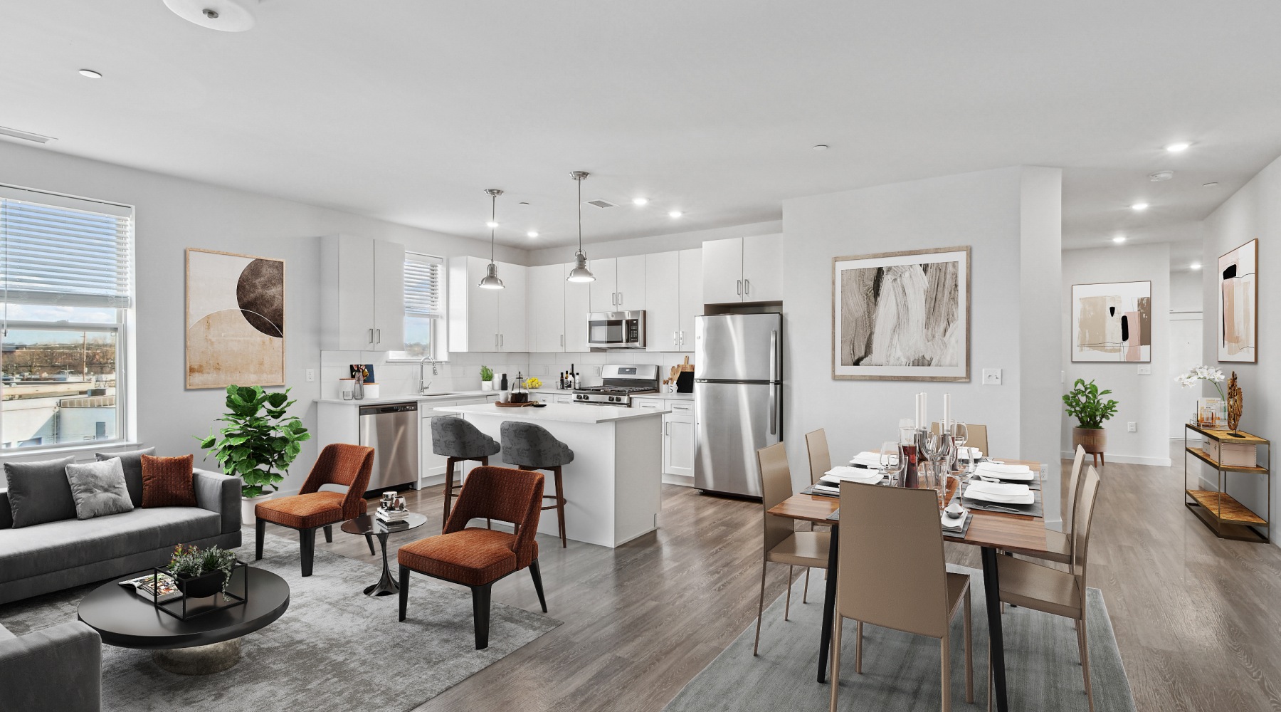 Virtually staged apartment showing living area with dining, sofa